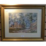 W Curtis Goddard, river running through a wooded setting, watercolour, signed to lower left, 38