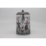 A Bohemian 'forest' glass transparent enamel pewter-mounted tankard, 20th Century, the clear glass