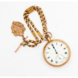 A 9ct gold open faced pocket watch, white enamel dial, roman numerals, subsidiary dial, dial