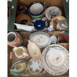 Five boxes of assorted ceramics, including Midwinter cakestand, Denby hand painted dish, two 19th