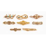 A collection of Victorian and Edwardian sweetheart brooches to include a 9ct gold turquoise bamboo