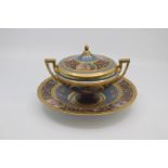 A Vienna-style footed ecuelle, cover and stand, late 19th Century, of twin-handled trophy form,