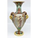 A late 19th Century Continental Majolica vase, with horned creature detail to sides and nude