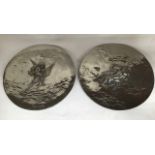 Pair of French white metal Art Nouveau Plaques, signed.  31cm diameter.