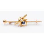 A sapphire, pearl and ruby set 15ct gold dragonfly bar brooch, the wings set with seed pearls,