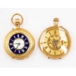A ladies 18ct gold and enamel half hunter pocket watch engine turned decoration with blue enamel