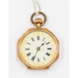 A continental early 20th Century 14ct gold open faced pocket watch, white enamel dial approx.