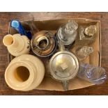 A box of assorted glassware, including two late Victorian opaline glass vases, a silver collared