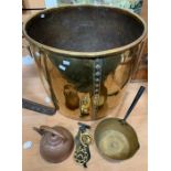 A large brass log bowl that is probably 19th Century, wash tub with two handles, along with a