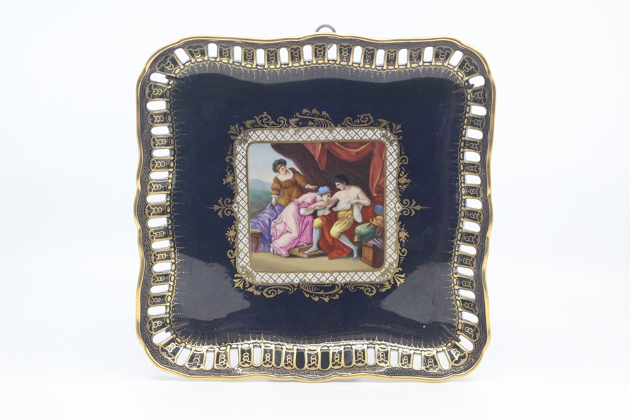 A Dresden porcelain cabinet dish, circa 1880-90, of lobed square form with pierced rim, the centre