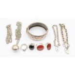 A collection of silver jewellery including two various chain sterling silver bracelets with heart