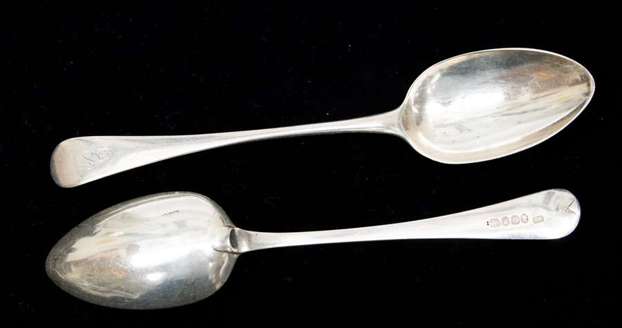 Two George III Old English Pattern silver table spoons, London by Peter & Anne Bateman, 1791 &