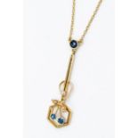 An Edwardian 15ct gold, sapphire and pearl pendant, comprising a openwork  hexagonal form with