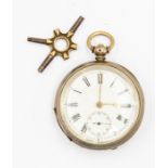 A late 19th Century silver pocket watch with Roman numerals, gold fingers and second hand dial,