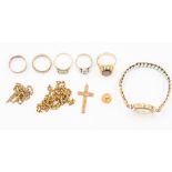 A collection of 9ct gold items to include a ladies Hefix 9ct gold watch on later plated strap, along
