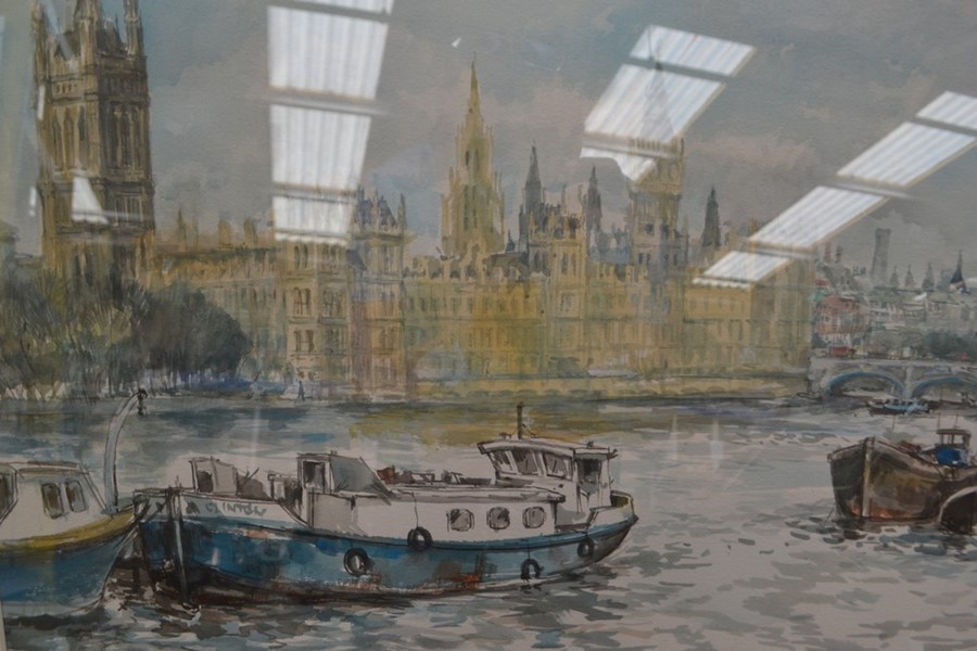 Charles Bone (British, b. 1926), View of Westminster from the Thames, signed l.r., watercolour, - Image 2 of 3