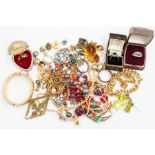 A collection of costume jewellery to include a diamond and 18ct gold five stone ring, diamond weight