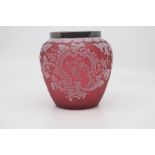 An English cameo glass vase, circa 1900, of ovoid form with electroplate mounted rim, the ruby glass