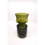 Scandanavian Mid 20thC olive colour vase with a heavy clear glass base. H20cm.  Made in Finland.