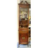 An Edwardian mahogany and painted display cabinet, the top with swan neck pediment, painted