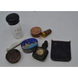 A collector's lot including: a Cloisonné pill box the cover with birds by water; a white metal