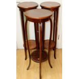 An Edwardian pair of mahogany two-tier plant stands, plus a further similar plant stand, raised on