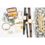 A collection of costume jewellery to include a 9ct gold gents vintage Le Cheminant watch on