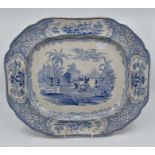 Four various 19th Century transfer printed meat plates, three in blue and white depicting various