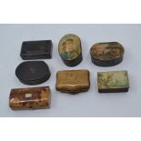 A collection of seven assorted patch boxes and pill boxes, including a 19th Century tortoiseshell