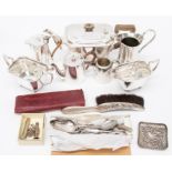 A collection of assorted silver plated items, including an Edwardian silver embossed trinket tray,