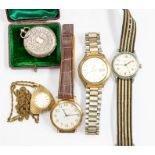 A collection of vintage watches to include a silver open faced pocket watch, white enamel dial, gilt