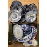 Three boxes of assorted early 19th Century and later blue and white ceramics, by various makers,