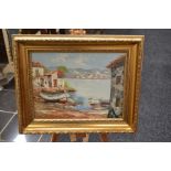 Two furniture pictures, a Mediterranean oil on board, indistinctly signed l l, 32 x 40 cm, and a
