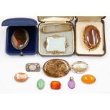 A collection antique and vintage hardstone brooches to include gilt metal and unmarked yellow