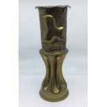WW1 Trench Art brass vase made from a shell case, dated 10/1918 decorated throughout with a