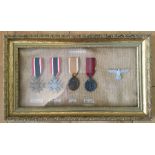 WW2 Third Reich framed set of medals to include War Merit Cross 2nd class with Swords, War Merit