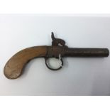 Percussion cap pistol (trigger missing) 70mm long barrel. Bore approx 9mm. Overall length 185mm.