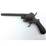 Pinfire Revolver. Action a/f. 147mm long barrel. Overall length 270mm. Bore approx 11mm. Checkered