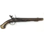 Flintlock pistol with 325mm long barrel. Bore approx 18mm. Overall length 510mm. Action a/f. Brass