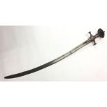 Indian Tulwar Sword with curved single edged double fullered blade 76cm in length. Tip to blade