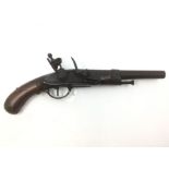 Flintlock pistol with 230mm long barrel. Bore approx 13mm. Overall length 405mm. Action a/f. Brass