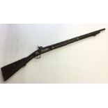 Percussion cap musket with 73cm long barrel. Overall length 115cm. Bore approx 15mm. Working action.
