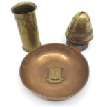 WW1 British Trench Art Copper bowl 117mm in diameter with RAOC badge affixed, small trench art