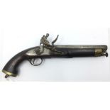 Flintlock Pistol. Working action. 220mm long barrel. Bore approx 12mm. Brass mounts. Folding ramrod.