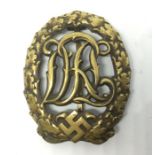 WW2 Third Reich DRL Sports badge in Bronze. Maker marked "Hensler, Pforzheim" and "DRGM 35269".