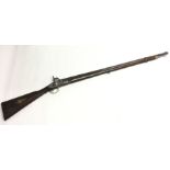 Percussion cap musket with 875mm long barrel. Overall length 126cm. Bore approx 15mm. Working