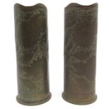 WW1 Imperial German Trench Art 77mm shell cases, pair, both dated 1917. Maker marked FN and