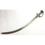 Indian Tulwar Sword with single edged curved and fullered blade 69cm in length. Overall length 82cm.