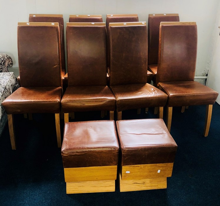 A set of eight recent brown leather dining chairs; a pair of similar stools (10)