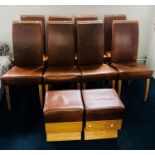 A set of eight recent brown leather dining chairs; a pair of similar stools (10)